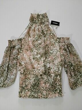NWT Express‎ Cold Shoulder Blouse Womens XS Halter Neck Olive Green Pink White